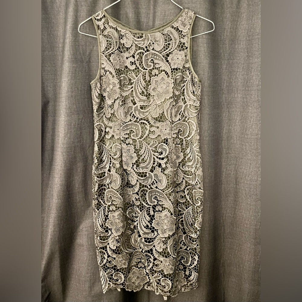 Adrianna Papell Lace Sheath Sleeveless Charcoal Gray Cocktail Dress, Size 6